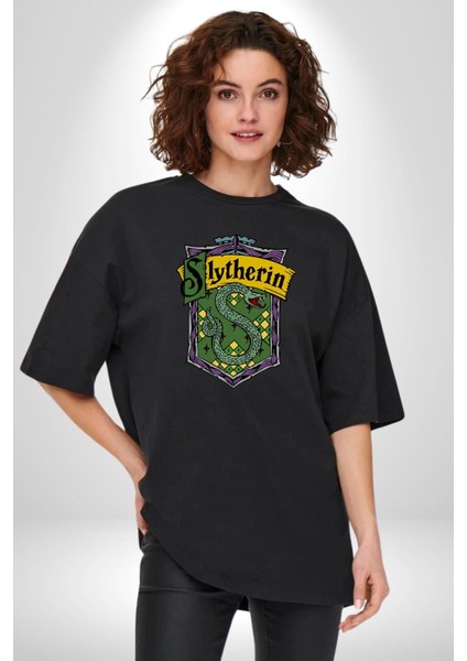 Slytherin Yılan Logo Kadın Erkek Ön Baskılı Siyah Pamuklu Tişört Penye Klasik