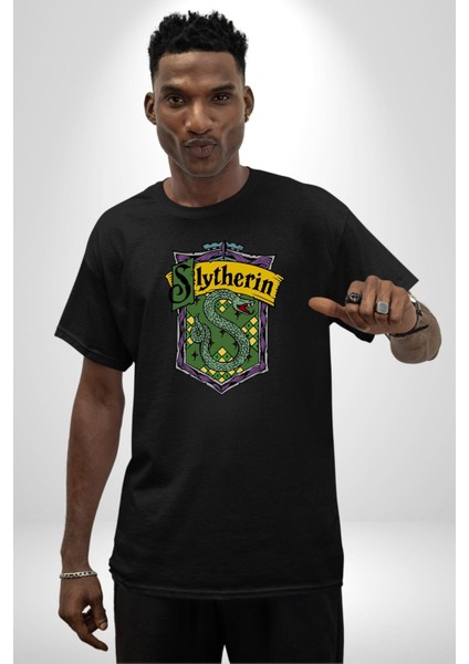 Slytherin Yılan Logo Kadın Erkek Ön Baskılı Siyah Pamuklu Tişört Penye Klasik fiyatları