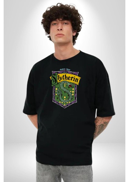 Slytherin Yılan Logo Kadın Erkek Ön Baskılı Siyah Pamuklu Tişört Penye Klasik modelleri