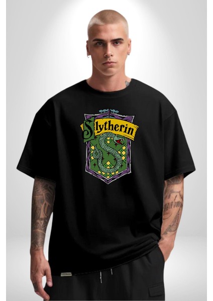 Slytherin Yılan Logo Kadın Erkek Ön Baskılı Siyah Pamuklu Tişört Penye Klasik fırsatları