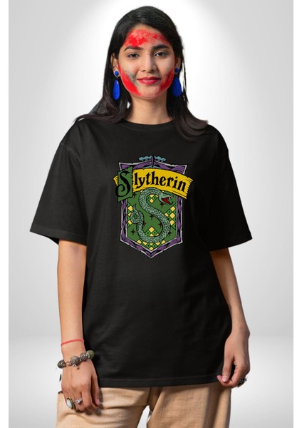 Slytherin Yılan Logo Kadın Erkek Ön Baskılı Siyah Pamuklu Tişört Penye Klasik indirimleri