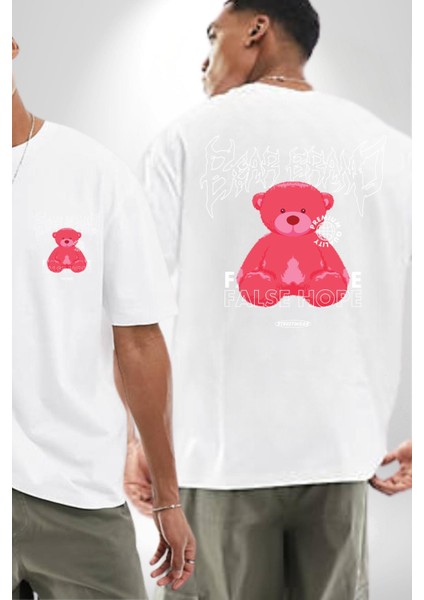 Umut Oyuncak Ayı Sokak Tarzı Kadın Erkek Ön Minimal Sırt Baskılı Beyaz Pamuklu Tişört