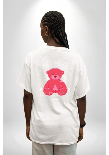 Umut Oyuncak Ayı Sokak Tarzı Kadın Erkek Ön Minimal Sırt Baskılı Beyaz Pamuklu Tişört fiyatları