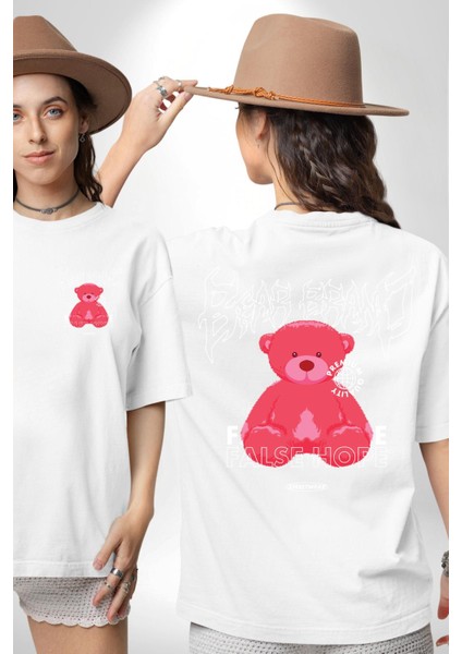 Umut Oyuncak Ayı Sokak Tarzı Kadın Erkek Ön Minimal Sırt Baskılı Beyaz Pamuklu Tişört fırsatları