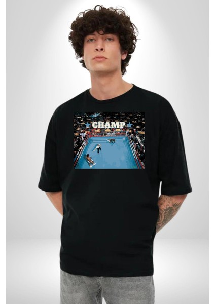 Boks Şampiyonu Muhammed Ali Kadın Erkek Ön Baskılı Siyah Pamuklu Tişört Penye Klasik