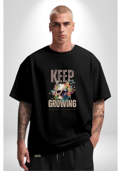 Büyümeye Devam Et Kurukafa Kadın Erkek Ön Baskılı Siyah Pamuklu Tişört Penye Klasik