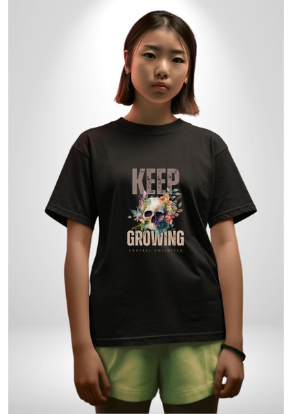 Büyümeye Devam Et Kurukafa Kadın Erkek Ön Baskılı Siyah Pamuklu Tişört Penye Klasik fırsatları