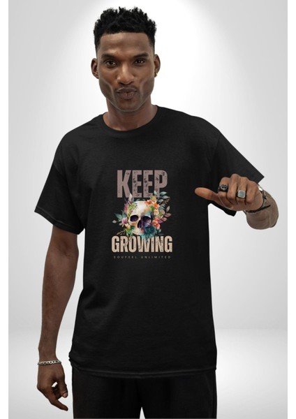 Büyümeye Devam Et Kurukafa Kadın Erkek Ön Baskılı Siyah Pamuklu Tişört Penye Klasik indirimleri