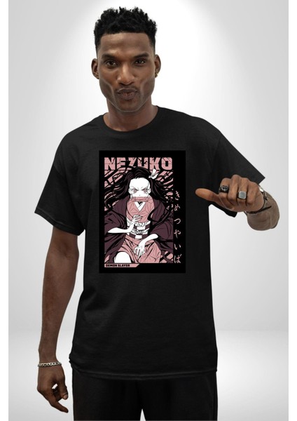 Demon Slayer Nezuko Kamado Anime Kadın Erkek Ön Baskılı Siyah Pamuklu Tişört Penye Klasik fiyatları