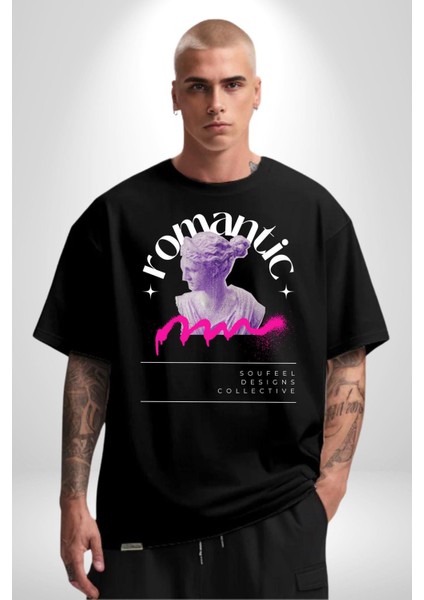 Romantik Yunan Heykeli Kadın Erkek Ön Baskılı Siyah Pamuklu Tişört Penye Klasik