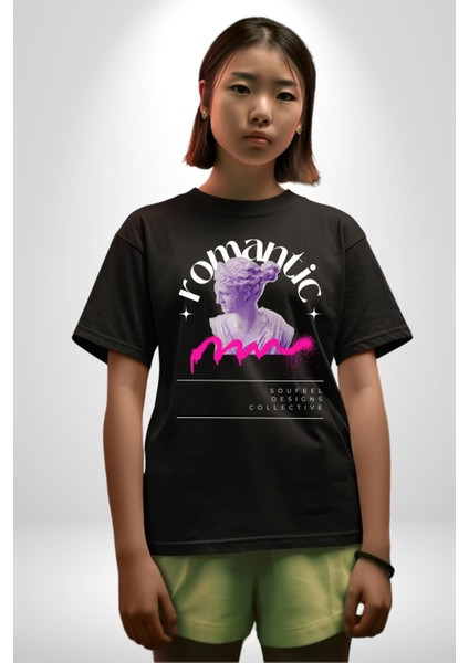 Romantik Yunan Heykeli Kadın Erkek Ön Baskılı Siyah Pamuklu Tişört Penye Klasik modelleri