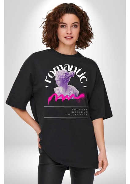 Romantik Yunan Heykeli Kadın Erkek Ön Baskılı Siyah Pamuklu Tişört Penye Klasik fırsatları