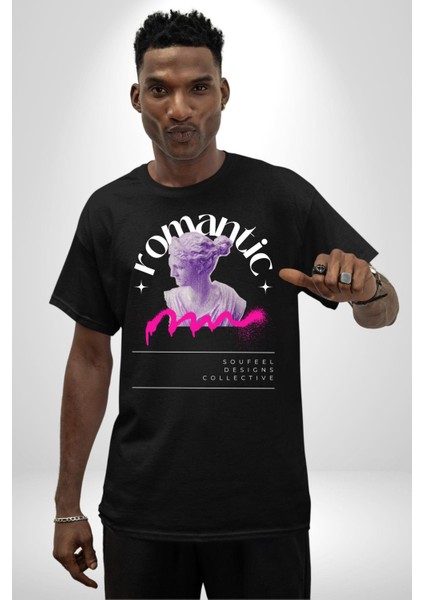 Romantik Yunan Heykeli Kadın Erkek Ön Baskılı Siyah Pamuklu Tişört Penye Klasik indirimleri