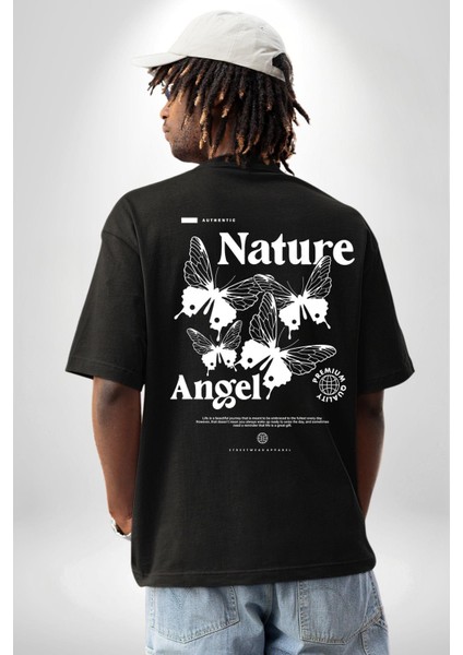 Doğa Meleği Sokak Tarzı Kadın Erkek Ön Minimal Sırt Baskılı Siyah Pamuklu Tişört fiyatları