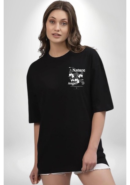 Doğa Meleği Sokak Tarzı Kadın Erkek Ön Minimal Sırt Baskılı Siyah Pamuklu Tişört modelleri