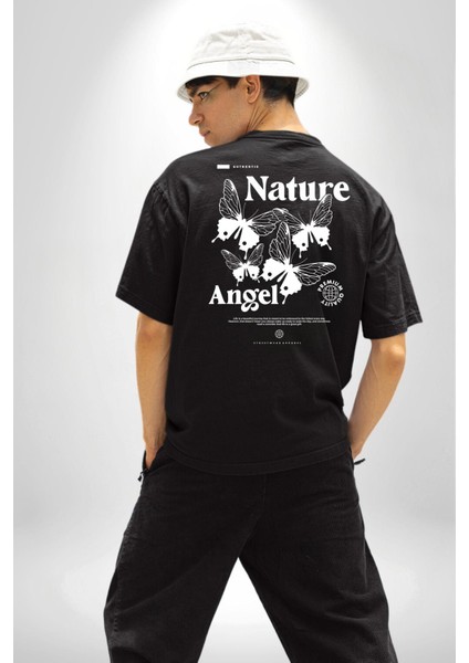Doğa Meleği Sokak Tarzı Kadın Erkek Ön Minimal Sırt Baskılı Siyah Pamuklu Tişört fırsatları