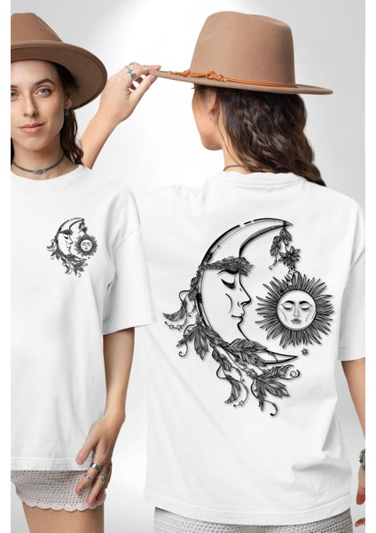 Güneş ve Ay Tarot Kadın Erkek Ön Minimal Sırt Baskılı Beyaz Pamuklu Tişört