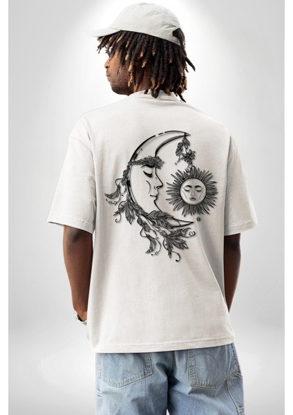 Güneş ve Ay Tarot Kadın Erkek Ön Minimal Sırt Baskılı Beyaz Pamuklu Tişört fiyatları