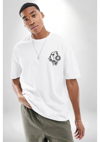 Güneş ve Ay Tarot Kadın Erkek Ön Minimal Sırt Baskılı Beyaz Pamuklu Tişört modelleri