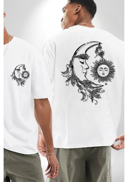 Güneş ve Ay Tarot Kadın Erkek Ön Minimal Sırt Baskılı Beyaz Pamuklu Tişört fırsatları