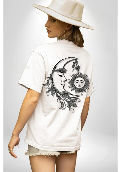 Güneş ve Ay Tarot Kadın Erkek Ön Minimal Sırt Baskılı Beyaz Pamuklu Tişört indirimleri