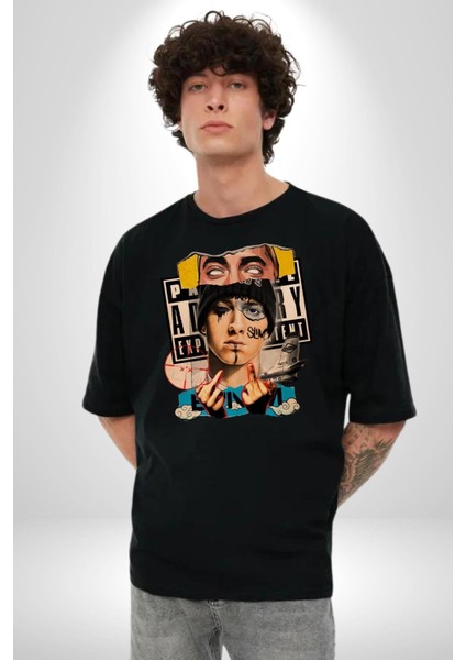 Eminem Rap Tanrısı Kadın Erkek Ön Baskılı Siyah Pamuklu Tişört Penye Klasik
