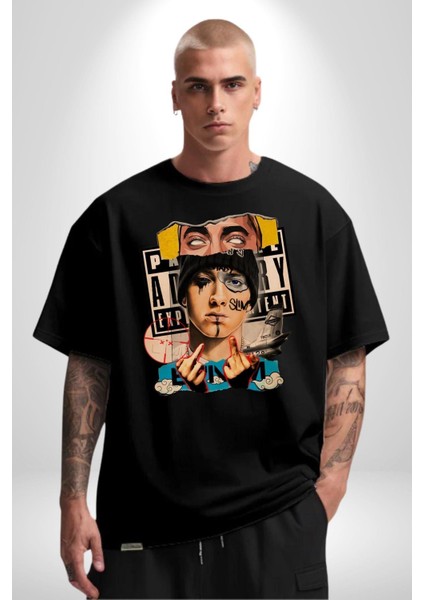 Eminem Rap Tanrısı Kadın Erkek Ön Baskılı Siyah Pamuklu Tişört Penye Klasik modelleri