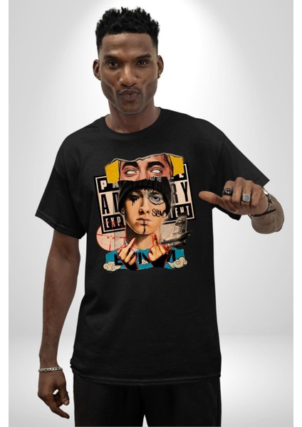 Eminem Rap Tanrısı Kadın Erkek Ön Baskılı Siyah Pamuklu Tişört Penye Klasik fırsatları