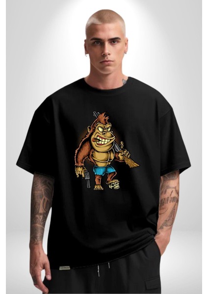 Teksaslı Savaşçı Goril Kadın Erkek Ön Baskılı Siyah Pamuklu Tişört Penye Klasik