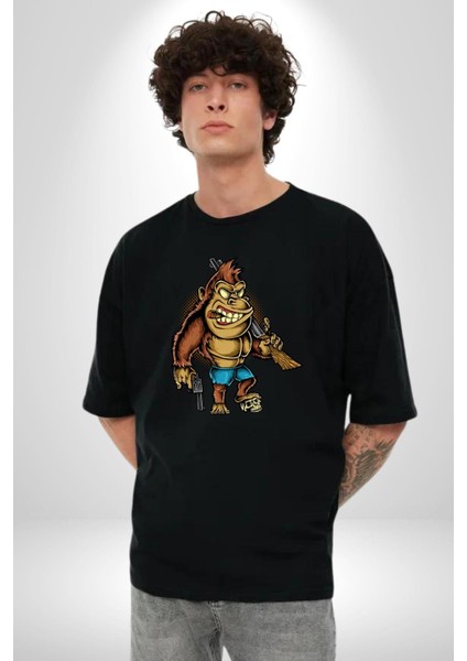 Teksaslı Savaşçı Goril Kadın Erkek Ön Baskılı Siyah Pamuklu Tişört Penye Klasik fiyatları