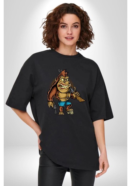 Teksaslı Savaşçı Goril Kadın Erkek Ön Baskılı Siyah Pamuklu Tişört Penye Klasik indirimleri