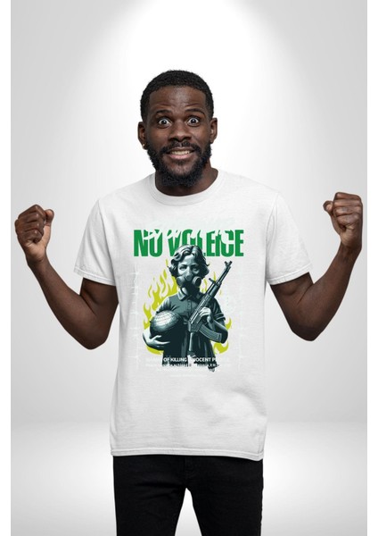 Savaşı Durdurun Şiddete Hayır Barış Kadın Erkek Ön Baskılı Beyaz Pamuklu Tişört Penye Klasik