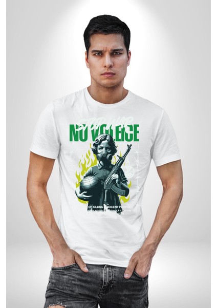 Savaşı Durdurun Şiddete Hayır Barış Kadın Erkek Ön Baskılı Beyaz Pamuklu Tişört Penye Klasik fiyatları