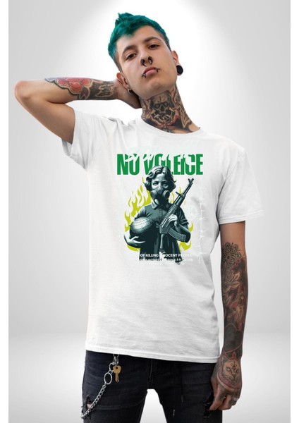 Savaşı Durdurun Şiddete Hayır Barış Kadın Erkek Ön Baskılı Beyaz Pamuklu Tişört Penye Klasik modelleri