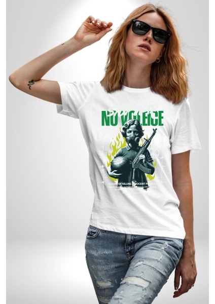 Savaşı Durdurun Şiddete Hayır Barış Kadın Erkek Ön Baskılı Beyaz Pamuklu Tişört Penye Klasik fırsatları