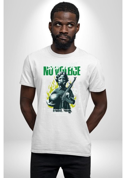 Savaşı Durdurun Şiddete Hayır Barış Kadın Erkek Ön Baskılı Beyaz Pamuklu Tişört Penye Klasik indirimleri