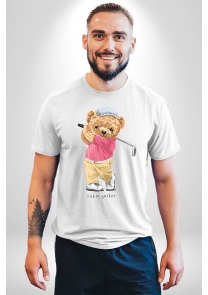 Golf Oynayan Oyuncak Ayı Kadın Erkek Ön Baskılı Beyaz Pamuklu Tişört Penye Klasik