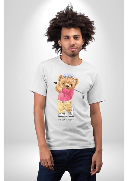 Golf Oynayan Oyuncak Ayı Kadın Erkek Ön Baskılı Beyaz Pamuklu Tişört Penye Klasik fiyatları