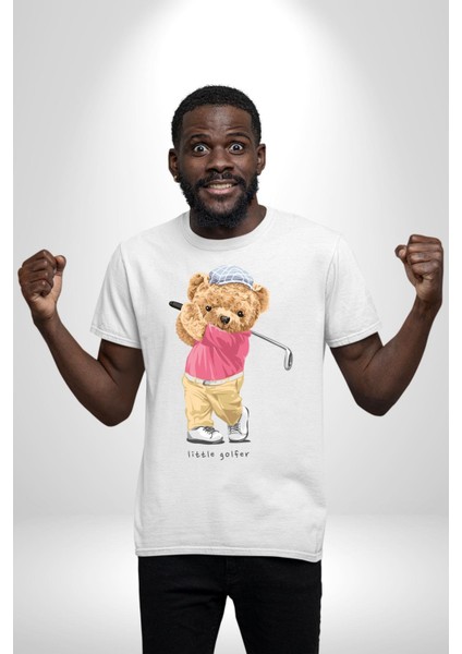 Golf Oynayan Oyuncak Ayı Kadın Erkek Ön Baskılı Beyaz Pamuklu Tişört Penye Klasik modelleri