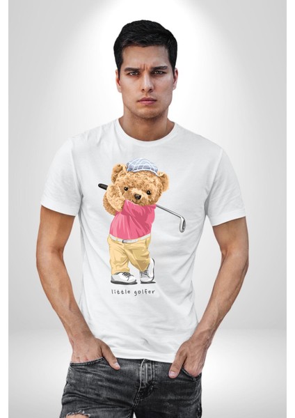 Golf Oynayan Oyuncak Ayı Kadın Erkek Ön Baskılı Beyaz Pamuklu Tişört Penye Klasik fırsatları