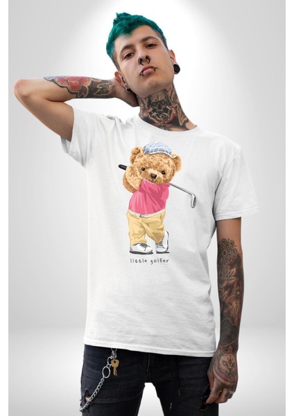 Golf Oynayan Oyuncak Ayı Kadın Erkek Ön Baskılı Beyaz Pamuklu Tişört Penye Klasik indirimleri