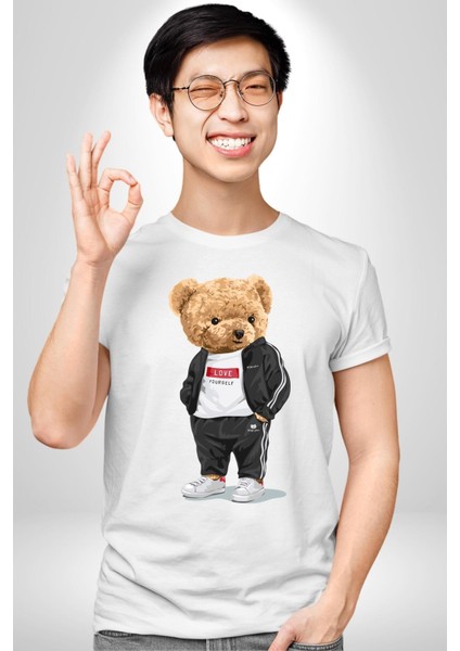 Kendini Sev Oyuncak Ayı Kadın Erkek Ön Baskılı Beyaz Pamuklu Tişört Penye Klasik fiyatları