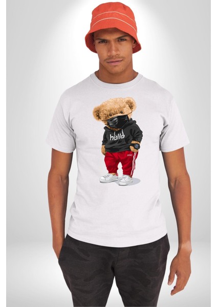 Sokak Tarzı Oyuncak Ayı Kadın Erkek Ön Baskılı Beyaz Pamuklu Tişört Penye Klasik modelleri