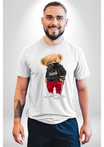 Sokak Tarzı Oyuncak Ayı Kadın Erkek Ön Baskılı Beyaz Pamuklu Tişört Penye Klasik fırsatları