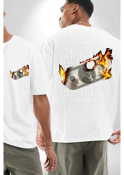 Önemli Olan Para Değil Iskelet Dolar Kadın Erkek Ön Minimal Sırt Baskılı Beyaz Pamuklu Tişört