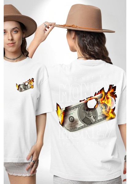 Önemli Olan Para Değil Iskelet Dolar Kadın Erkek Ön Minimal Sırt Baskılı Beyaz Pamuklu Tişört fırsatları