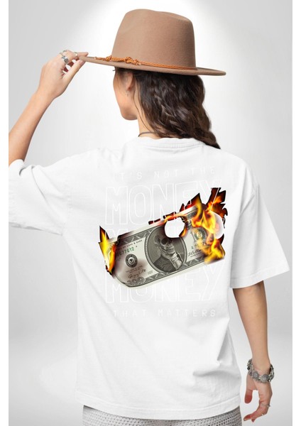 Önemli Olan Para Değil Iskelet Dolar Kadın Erkek Ön Minimal Sırt Baskılı Beyaz Pamuklu Tişört indirimleri