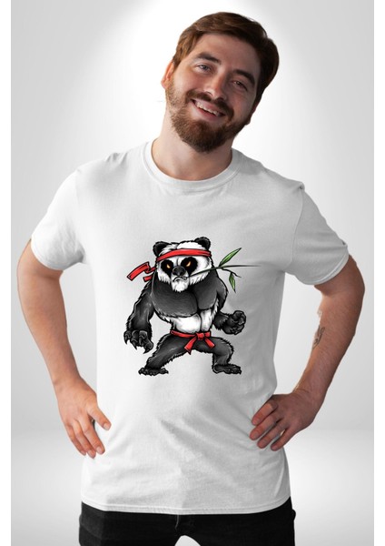 Kung Fu Ustası Savaşçı Panda Kadın Erkek Ön Baskılı Beyaz Pamuklu Tişört Penye Klasik