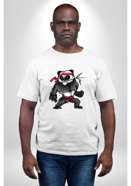 Kung Fu Ustası Savaşçı Panda Kadın Erkek Ön Baskılı Beyaz Pamuklu Tişört Penye Klasik fiyatları