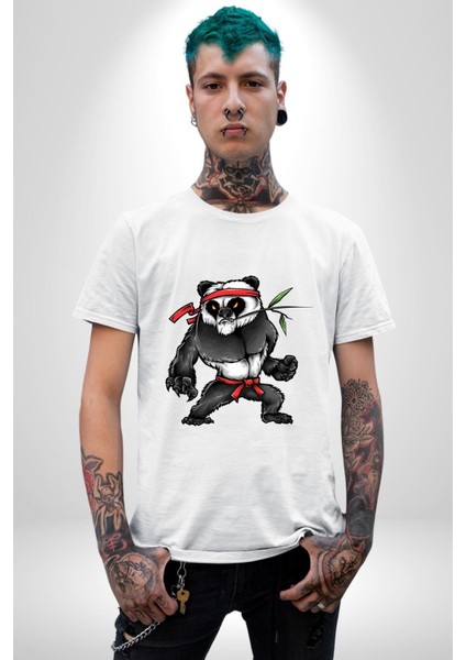 Kung Fu Ustası Savaşçı Panda Kadın Erkek Ön Baskılı Beyaz Pamuklu Tişört Penye Klasik modelleri